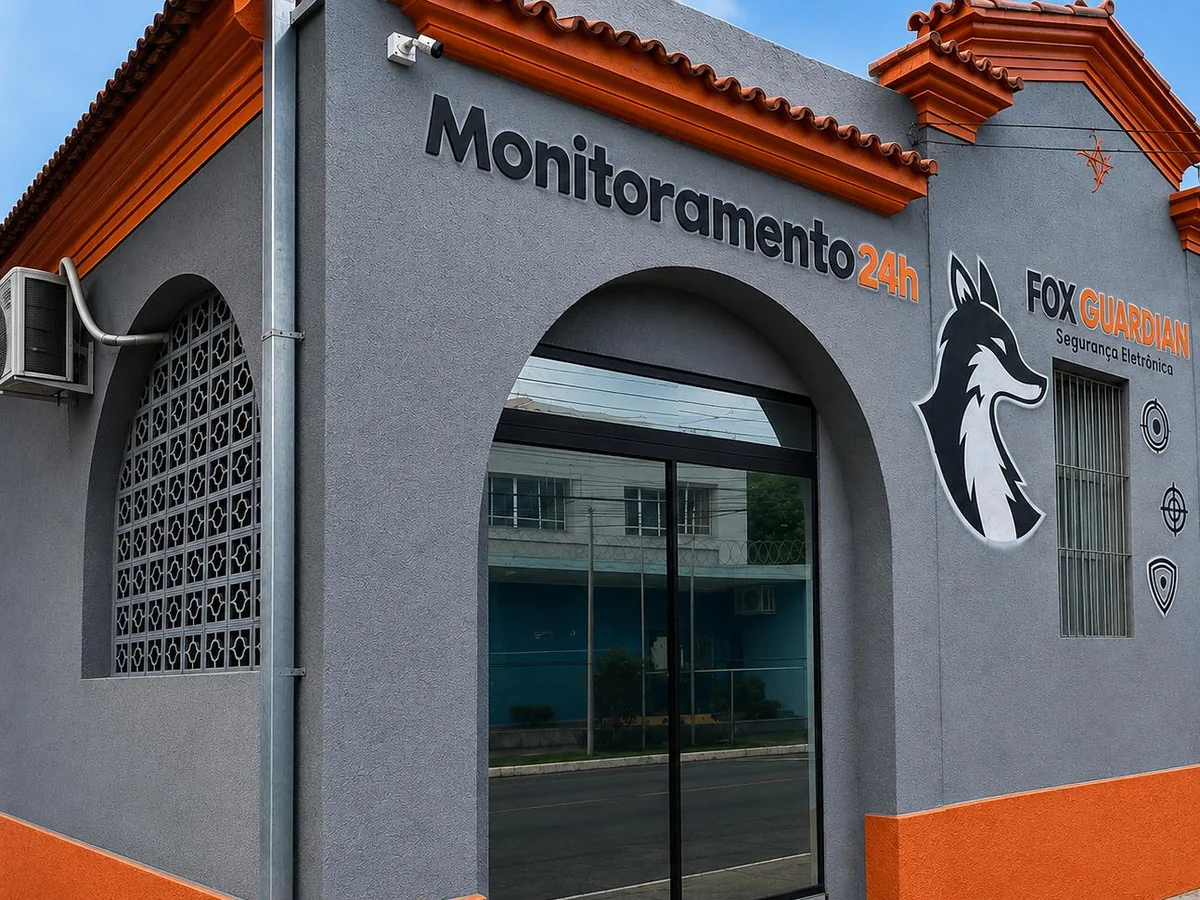 Fachada da loja Fox Guardian, com sinalização Monitoramento 24h