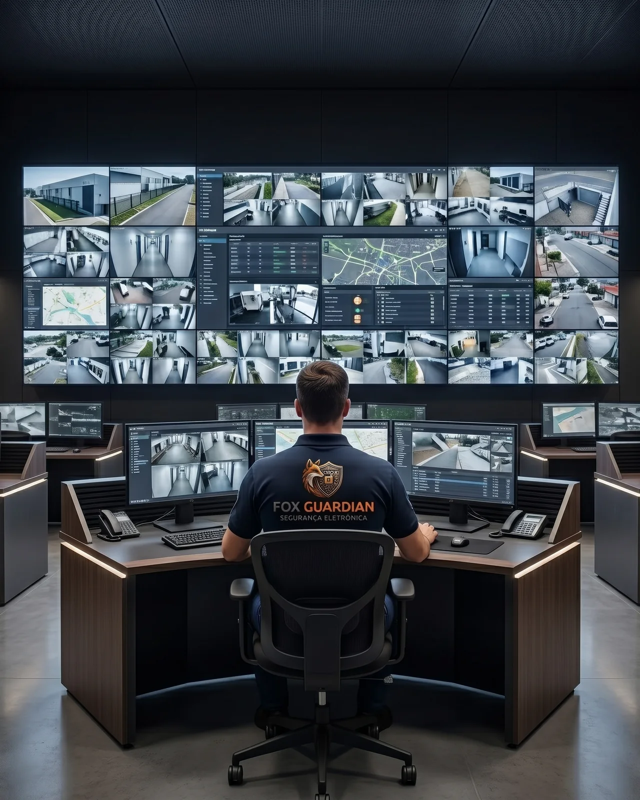Central de monitoramento Fox Guardian com operador acompanhando câmeras em tempo real
